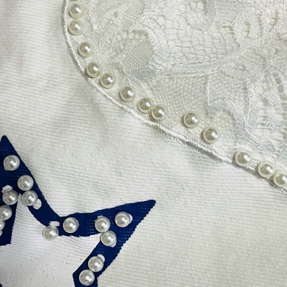 PEACH LOVE CALIFORNIA USA faux pearl accents washed out denim dress S M L - Picture 5 of 7